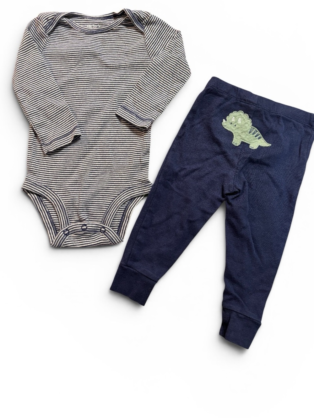 ❤️(12m) Carter’s Striped Bodysuit + Navy Blue Joggers with Dinosaur on Bum